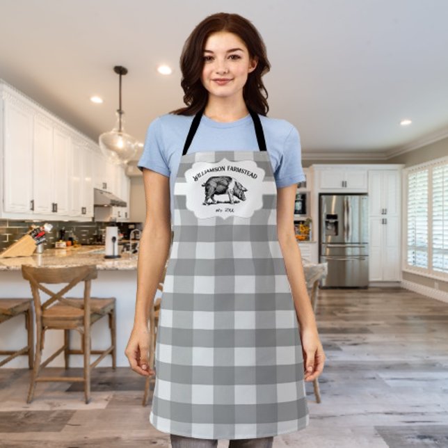 Graue Buffalo Kariert Farm Pig Schürze (Gray Buffalo Plaid Farm Pig Personalized Apron)