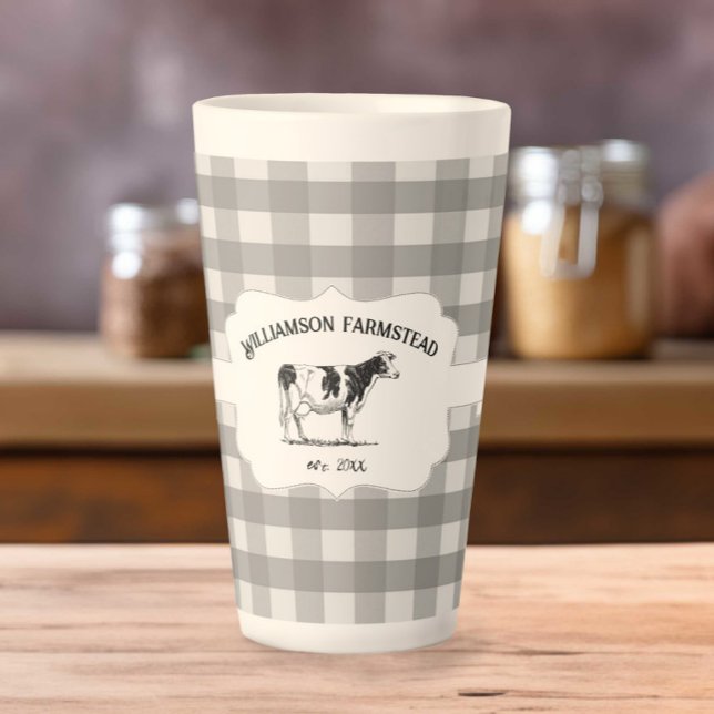 Graue Buffalo Karierte landwirtschaftliche Kuh Lat Milchtasse (Gray Buffalo Plaid Farm Cow Latte Mug)