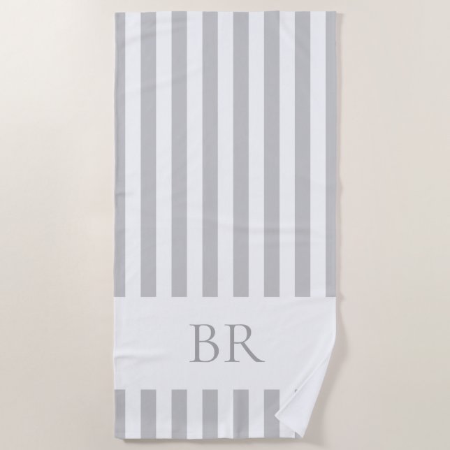 Graue Cabana-Streifen mit individuellem Monogramm Strandtuch (Vorderseite)