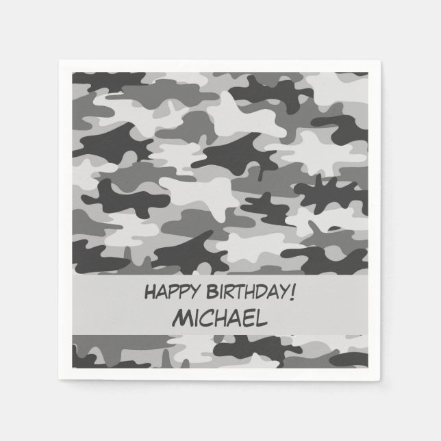 Graue Camouflage Camouflage Happy Birthday Name Cu Serviette (Vorderseite)