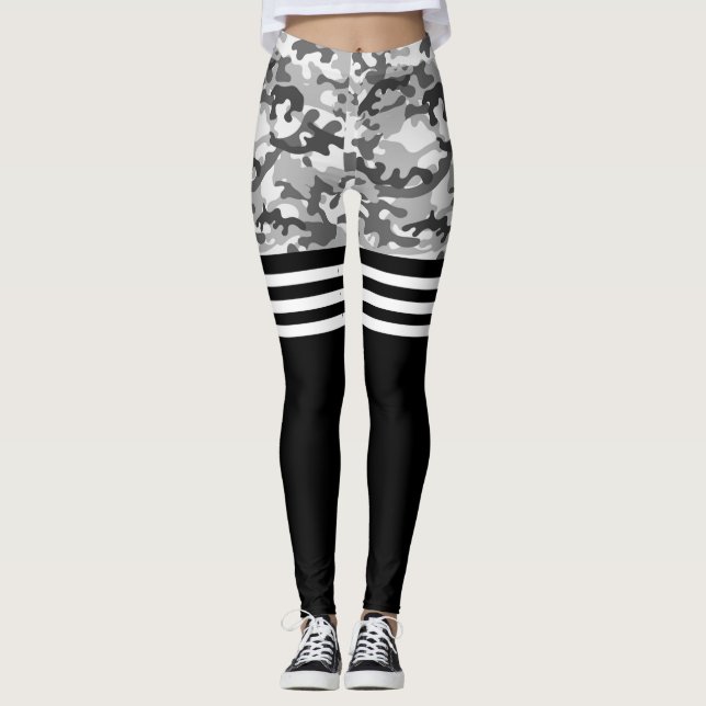 Graue Camouflage und weißer Tripelstreifen Leggings (Vorderseite)