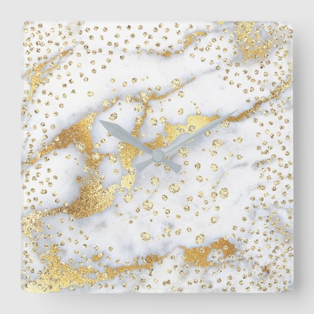 Graue Confetti-Diamant-Kristall-MarmorgoldImitat Quadratische Wanduhr (Vorderseite)