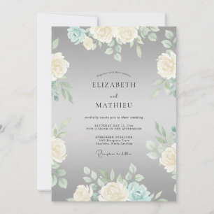 Graue Creme-Blüten-Romanze-Hochzeit Einladung