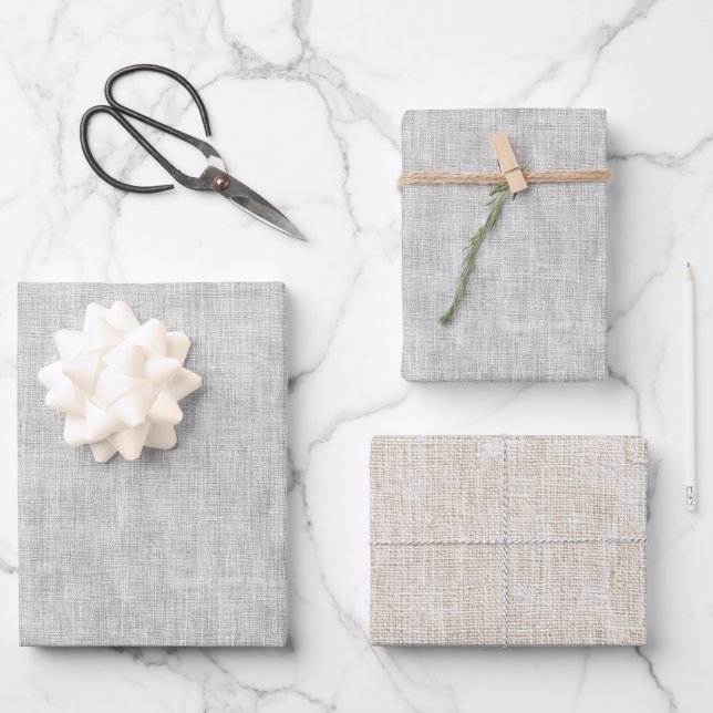 Graue Creme Faux-Leinen-Hochzeit Geschenkpapier Set (Vorderseite)