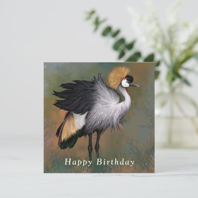 Graue Crowned Crane Card Happy Birthday (Stehend Vorderseite)