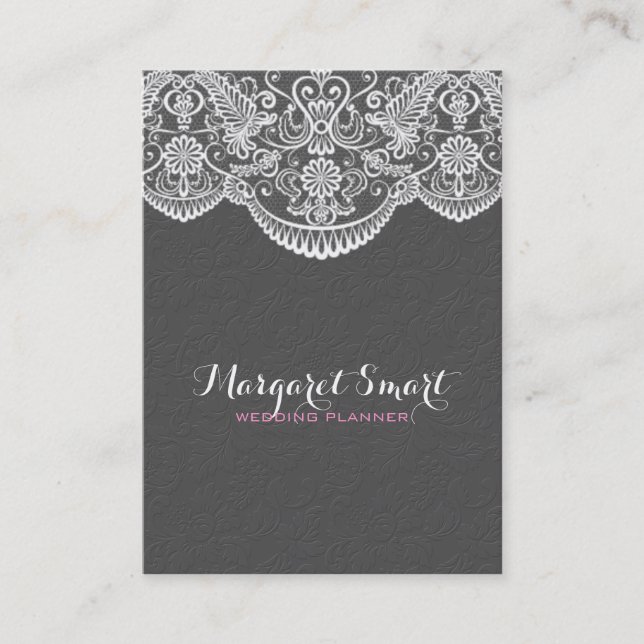 Graue Damasken und weiße Vintage Spitzen Visitenkarte (Vorderseite)