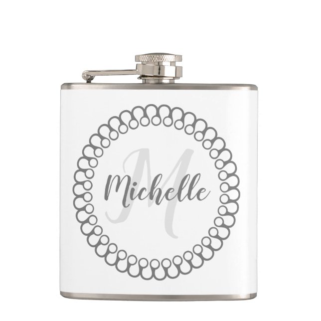 Graue dekorative Circle Monogram Flasche Flachmann (Vorderseite)
