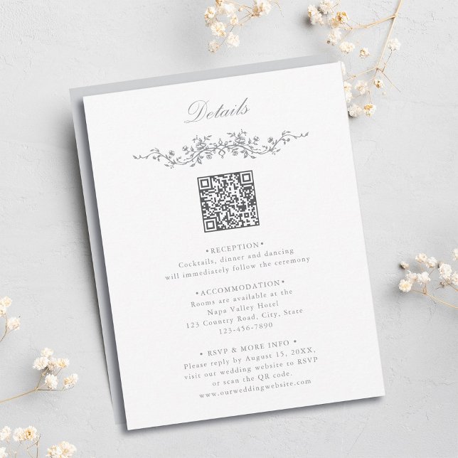 Graue Elegant QR Code Hochzeitsdetails Begleitkarte (Von Creator hochgeladen)