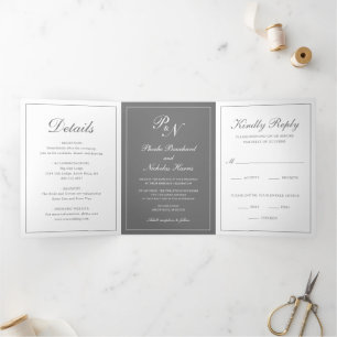 Graue elegante klassische Hochzeit Dreifach Gefaltete Einladung