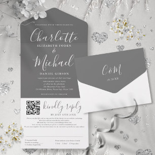 Graue elegante moderne Schriftart QR-Code-Hochzeit All In One Einladung
