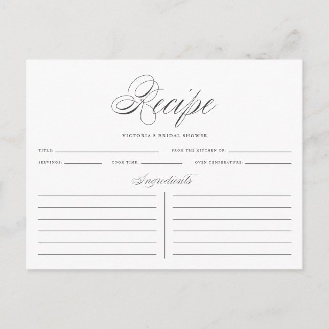Graue, elegante Script-Brautparty-Rezept-Karte Postkarte (Vorderseite)