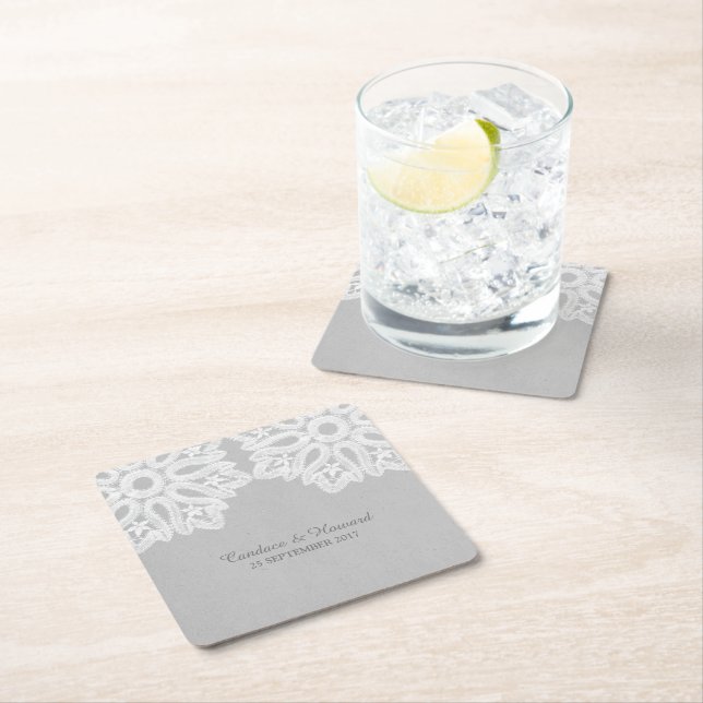Graue elegante Spitzendeckchen-Papierservietten Rechteckiger Pappuntersetzer (Vor Ort)