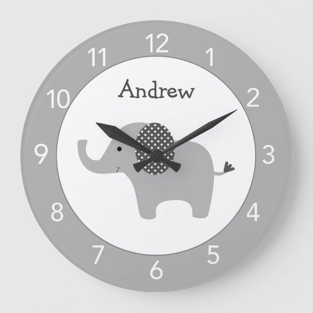 Graue Elephant Custom Kinderzimmer Round Clock Große Wanduhr (Vorderseite)