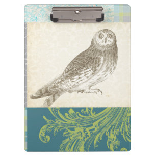 Graue Eule auf Muster-Hintergrund Klemmbrett