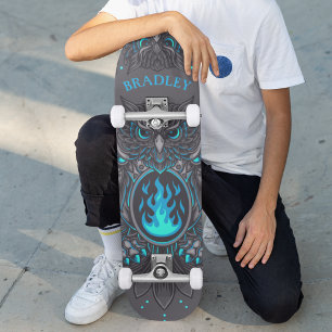 Graue Eule Cool Modern Benutzerdefinierter Name Skateboard