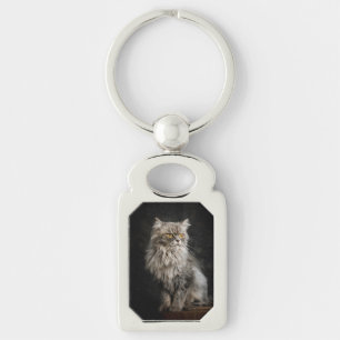 Graue flauschige Katze Schlüsselanhänger
