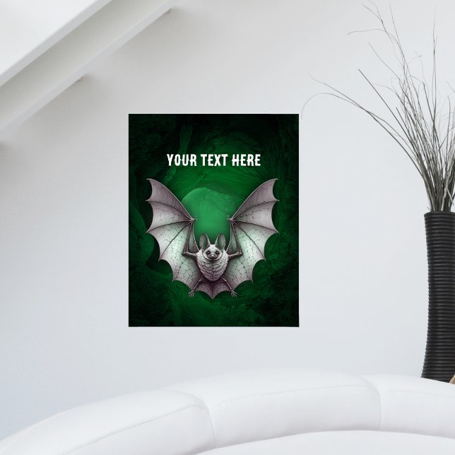 Graue Fledermausflügel spreizen sich in einer unhe Poster (Eerie flying grey bat glowing green black caves with trees on artwork poster.)