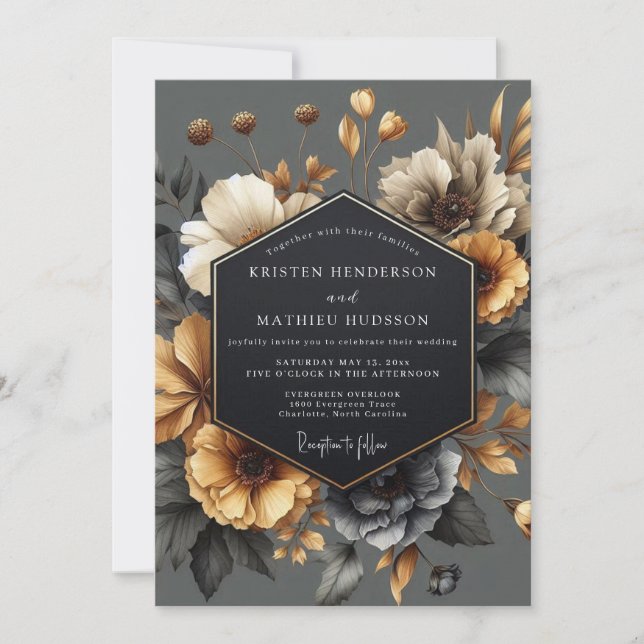 Graue Florale Herbstromanze Hochzeit Einladung (Vorderseite)