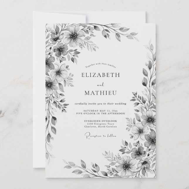 Graue Florale Hochzeit Einladung (Vorderseite)