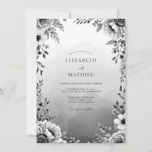 Graue Florale Hochzeitsromantik Einladung