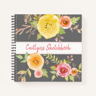 Graue florale Wasserfarbe Skizzenbuch Schriftname Notizbuch