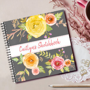 Graue florale Wasserfarbe Skizzenbuch Schriftname Notizbuch