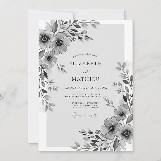 Graue Florale Whimsical-Hochzeit Einladung (Vorderseite)