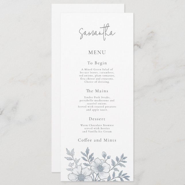 Graue Florals Wedding Menu Card mit Gast Name Einladung (Vorne/Hinten)