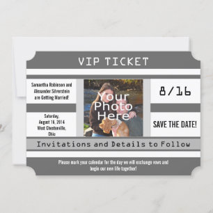 Graue Foto-Ticket-Save-the-Date-Hochzeitskarte Save The Date