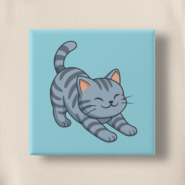 Graue getigerte Katze in Blau beim Strecken Button (Von Creator hochgeladen)