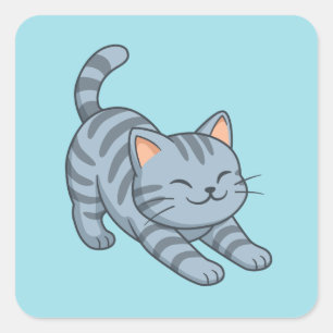 Graue getigerte Katze in Blau beim Strecken Quadratischer Aufkleber
