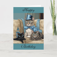 Graue getigerte Katze mit Umhang und Zylinder zum