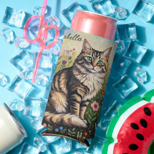 Graue getigerte Katze und volkstümliche Blumen Selters Dosenkühler