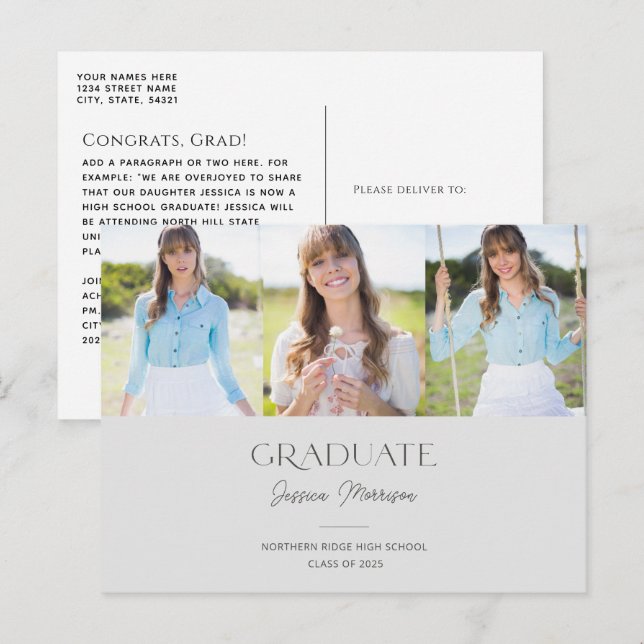 Graue Graduate Script Name Multi Foto Abschluss Postkarte (Vorne/Hinten)