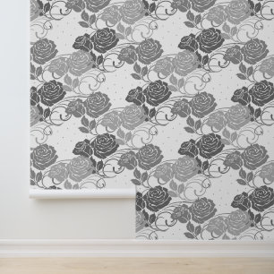 Graue große Vintage Viktorianische Rose und Punkte Tapete
