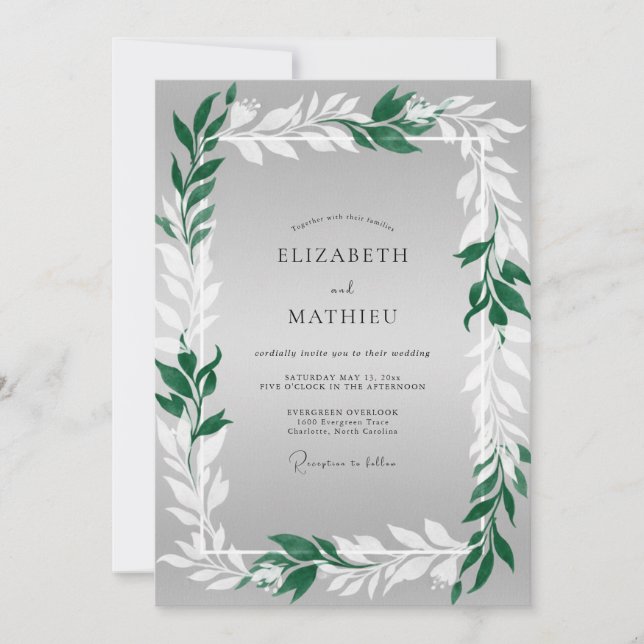 Graue grüne Blatt-Hochzeit Einladung (Vorderseite)