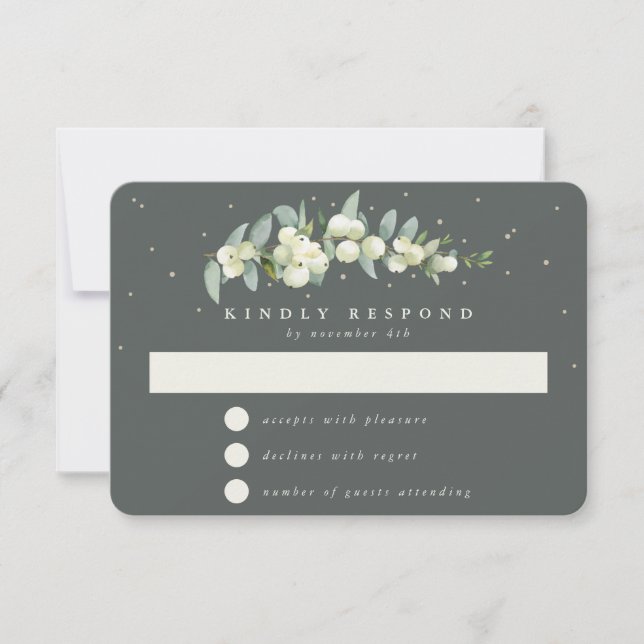 Graue grüne Snowberry+Eukalyptus Garland Wedding RSVP Karte (Vorderseite)