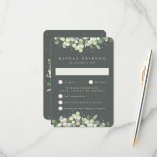 Graue grüne Snowberry+Eukalyptus-Hochzeit RSVP Karte