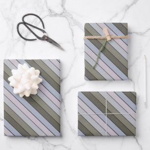 Graue Grüntöne und schwarze Streifen auf Aquarellp Geschenkpapier Set