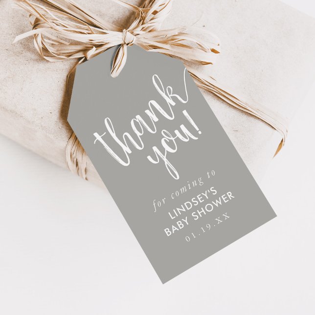 Graue, handgeschriebene Babydusche Vielen Dank für Geschenkanhänger (Von Creator hochgeladen)