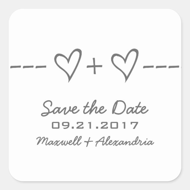 Graue Herzgleichungs-Save-the-Date-Aufkleber Quadratischer Aufkleber (Vorderseite)