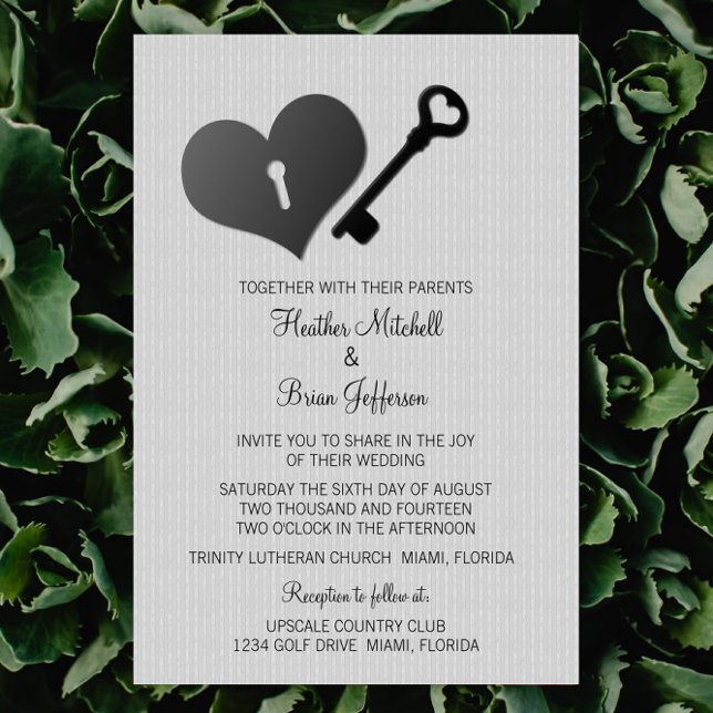 Graue Herzklammer und Einladung zur Hochzeit (Gray Heart Lock and Key Wedding Invite)