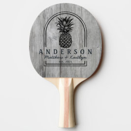 Graue Holz-Kiefern-Ananas-Hochzeitsbogen & Name Tischtennis Schläger