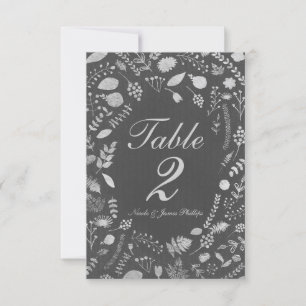 Graue Holzkohle- und Silber-Blumen-Hochzeitstischk Einladung