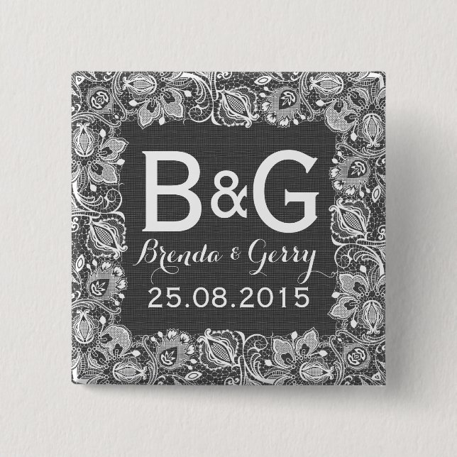 Graue Imitate Linen und weiße, florale Rahmen Button (Vorderseite)