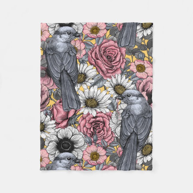 Graue Jay und Blume Fleecedecke (Vorderseite)