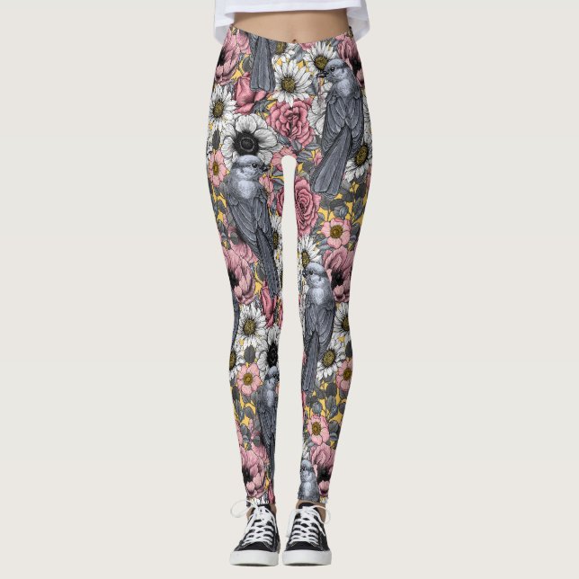 Graue Jay und Blume Leggings (Vorderseite)