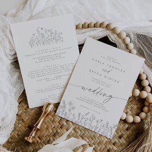 Graue Kalligrafie-Wildblumen-Hochzeit Vorder- und Einladung