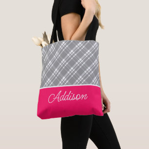 Graue, Karierte und rosa Stricktasche