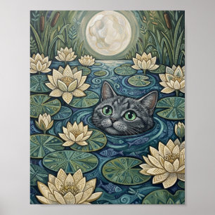 Graue Katze, die auf den Vollmond im Seerosenteich Poster